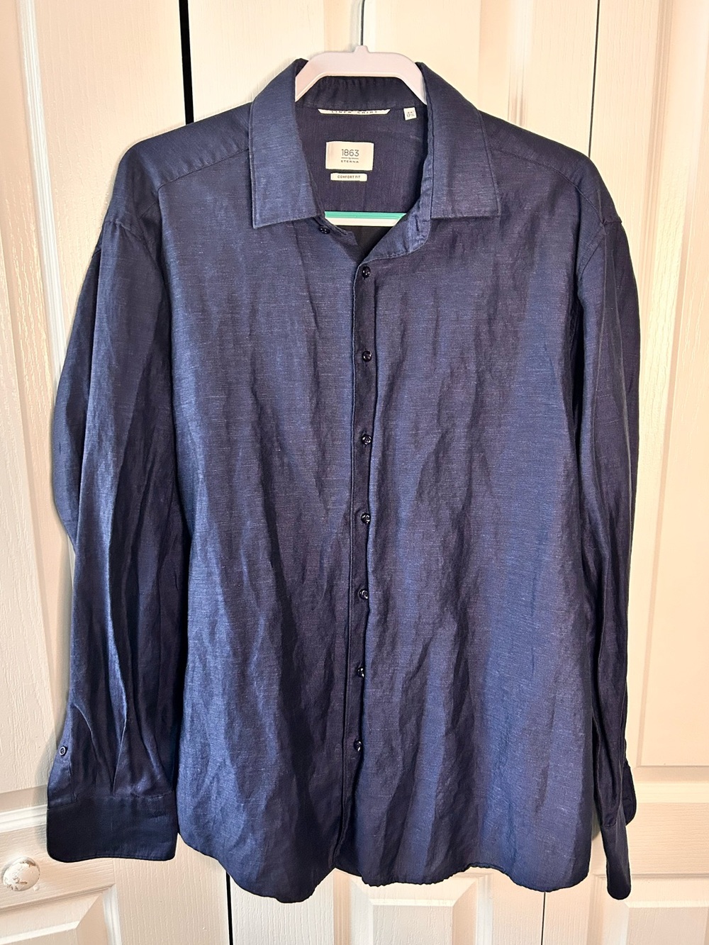 1863 by Eterna Men’s Size 44 Navy Blue Long-Sleeve Button-Front Linen Polo